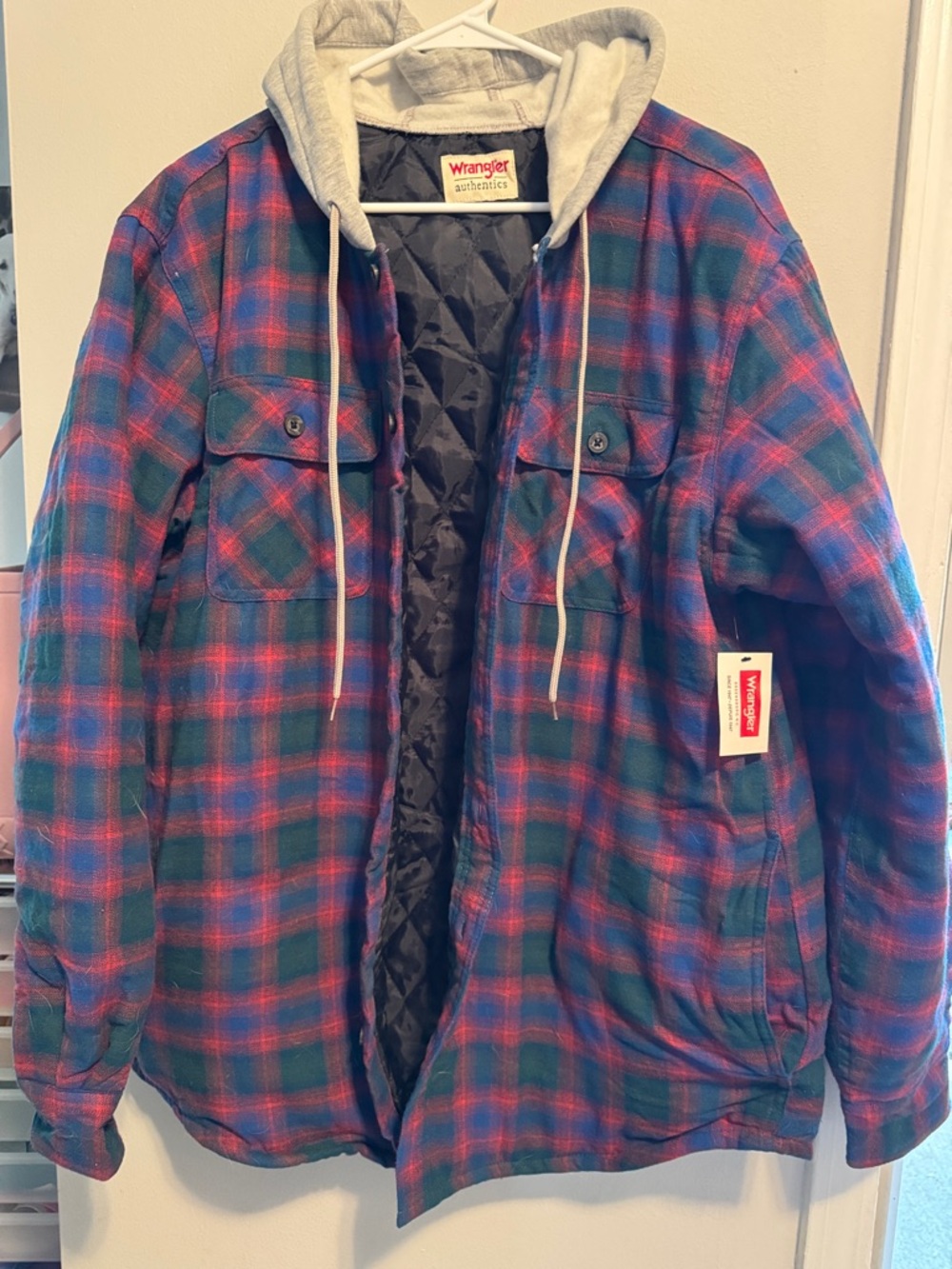 Wrangler Quilted Plaid Shirt Jacket in Green & Red with Gray Hood
